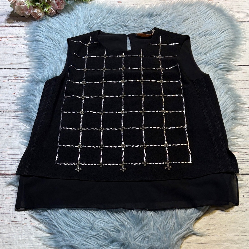 Tory Burch Betsy Black Embellished Sleeveless Top sz S